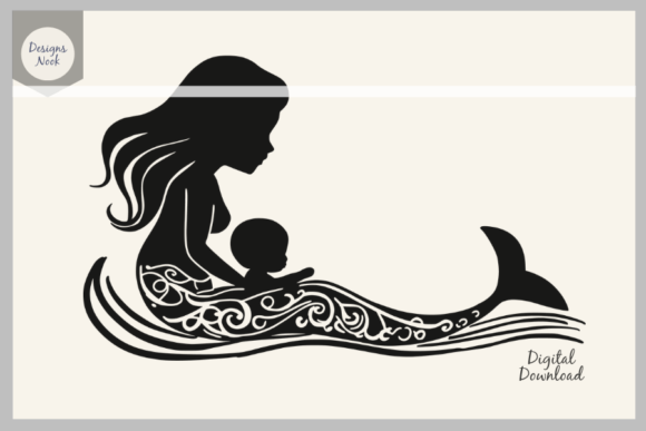 Mom and Baby Mermaid Silhouette SVG PNG