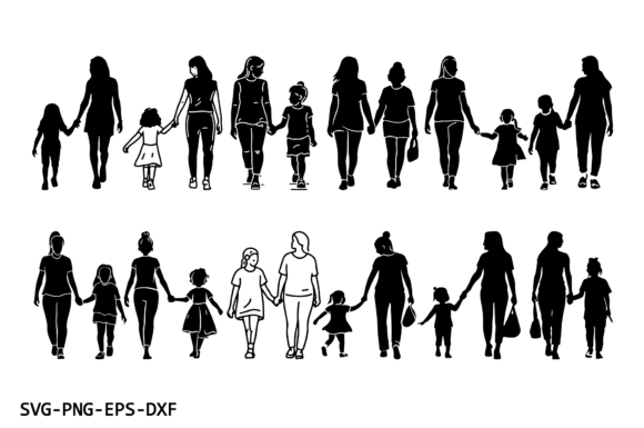 Set of Mom Daughter Walking Silhouette Graphics and Crafts